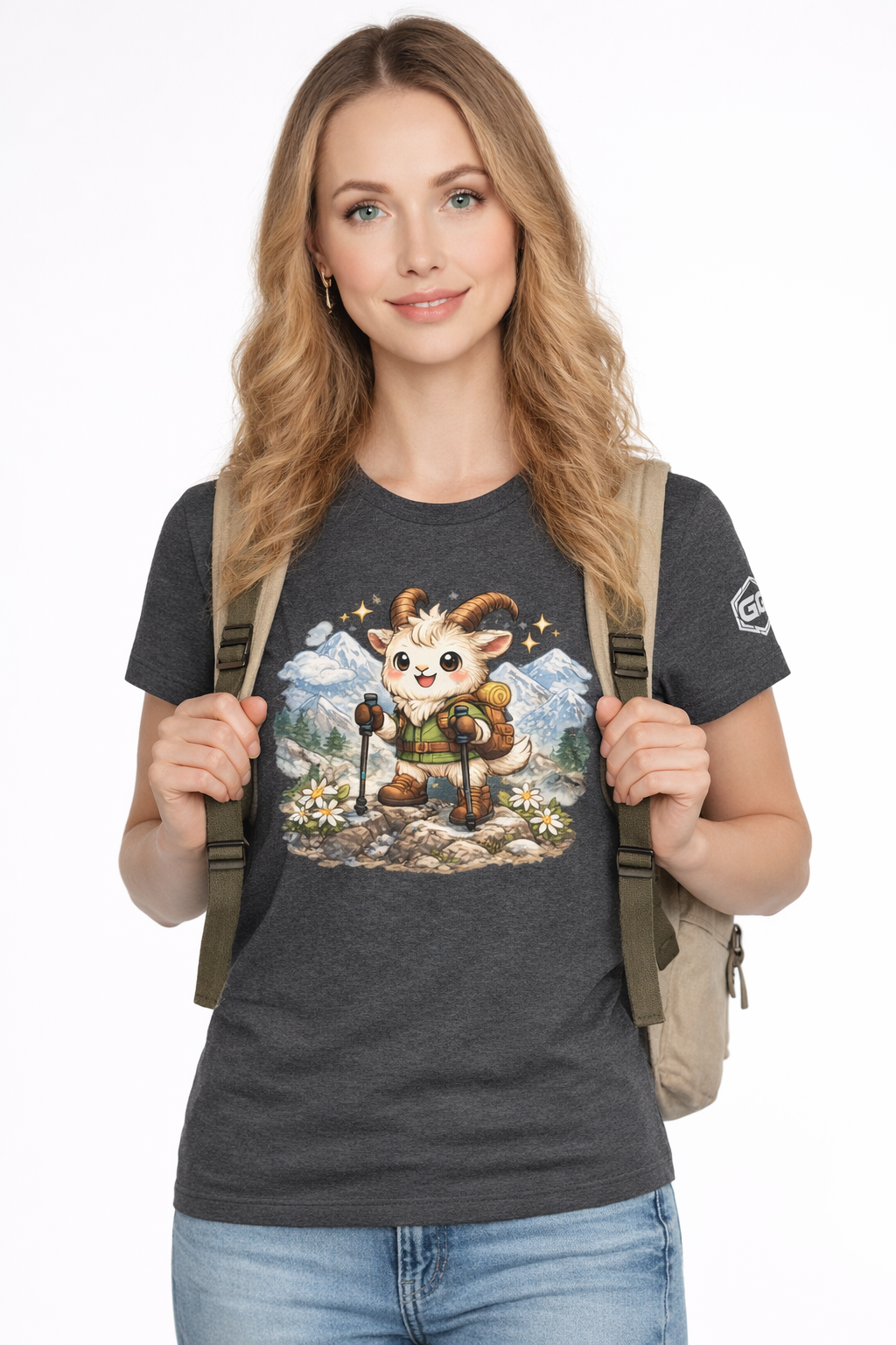 model:6:f | Bergziege T-Shirt – Modelfoto in Dunkelmeliert – Frau