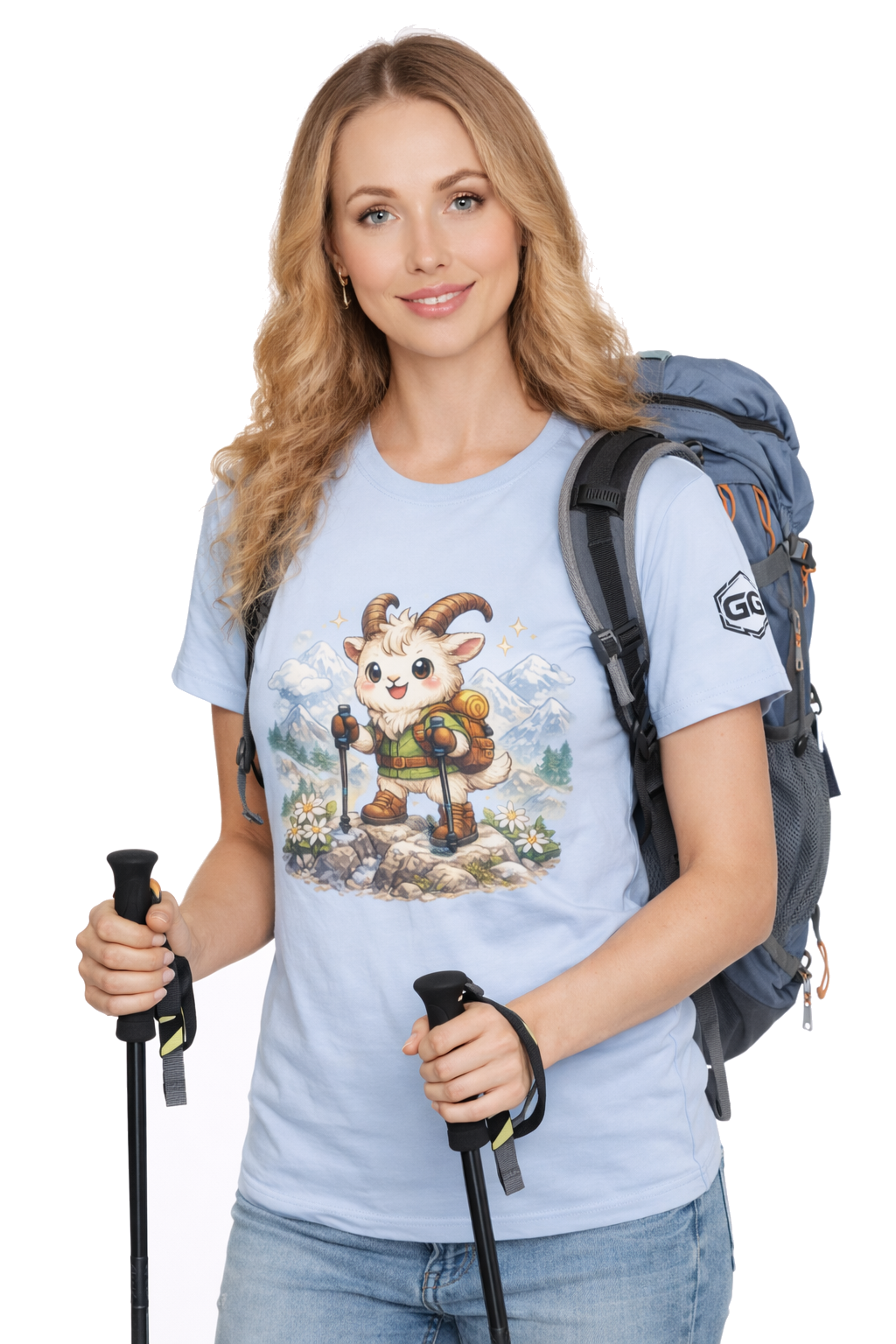 model:7:f | Bergziege T-Shirt – Modelfoto in Hellblau – Frau