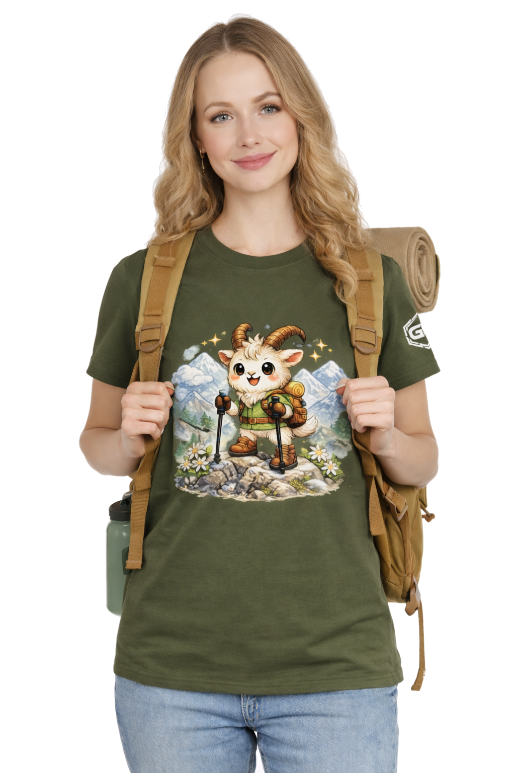 model:5:f | Bergziege T-Shirt – Modelfoto in Militärgrün – Frau