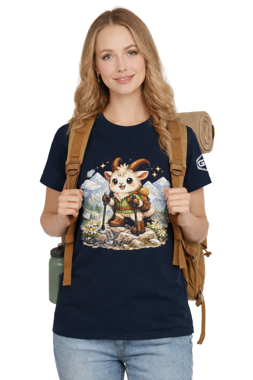 model:9:f | Bergziege T-Shirt – Modelfoto in Navy – Frau