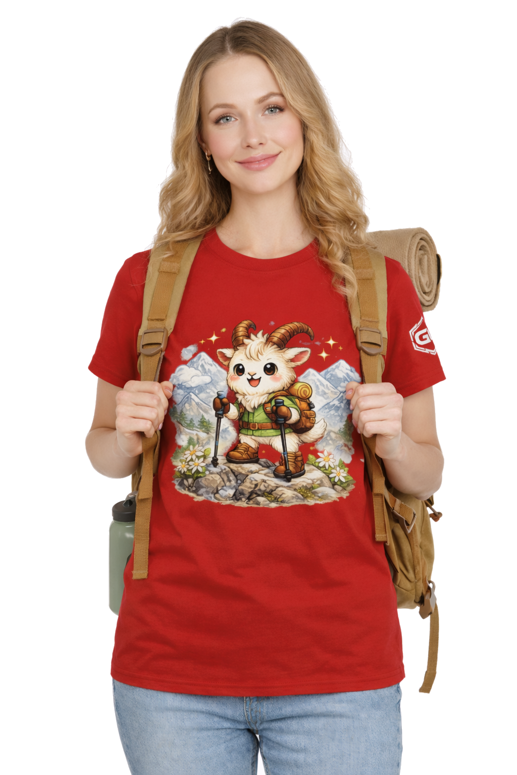 model:10:f | Bergziege T-Shirt – Modelfoto in Rot – Frau