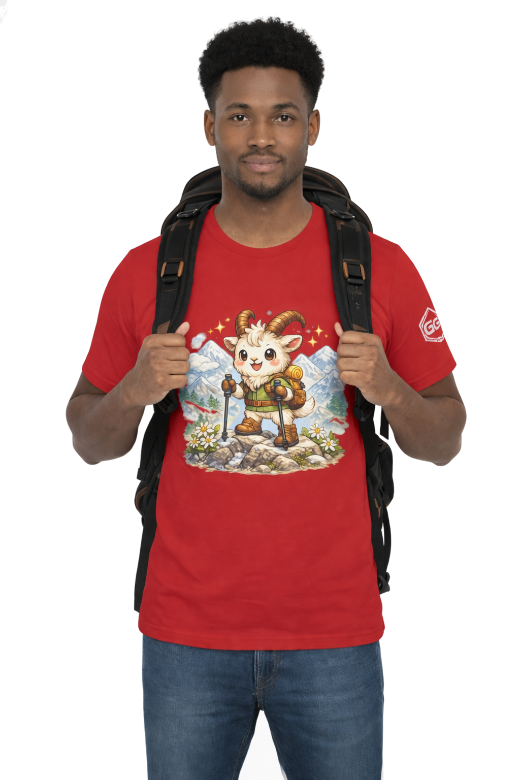 model:10:m | Bergziege T-Shirt – Modelfoto in Rot – Mann