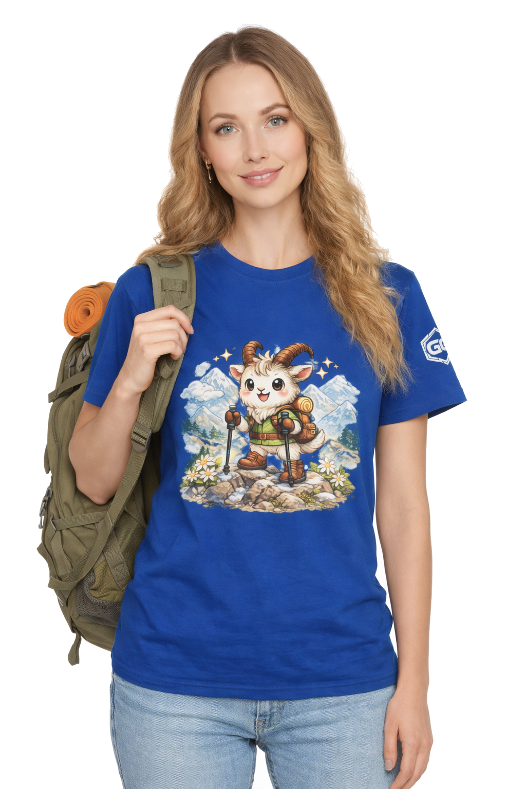 model:8:f | Bergziege T-Shirt – Modelfoto in Royalblau – Frau