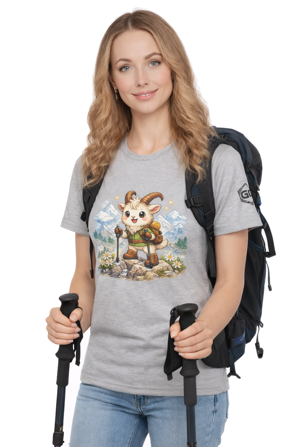 model:2:f | Bergziege T-Shirt – Modelfoto in Sportgrau – Frau