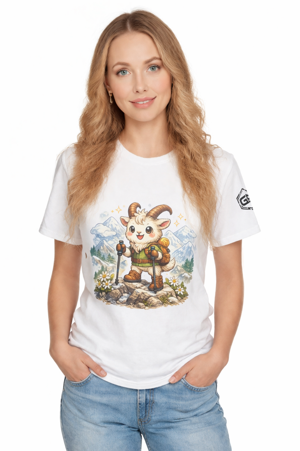 model:0:f | Bergziege T-Shirt – Modelfoto in Weiß – Frau