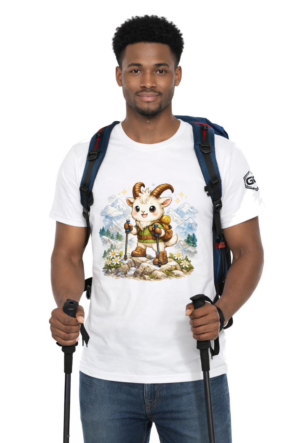 model:0:m | Bergziege T-Shirt – Modelfoto in Weiß – Mann