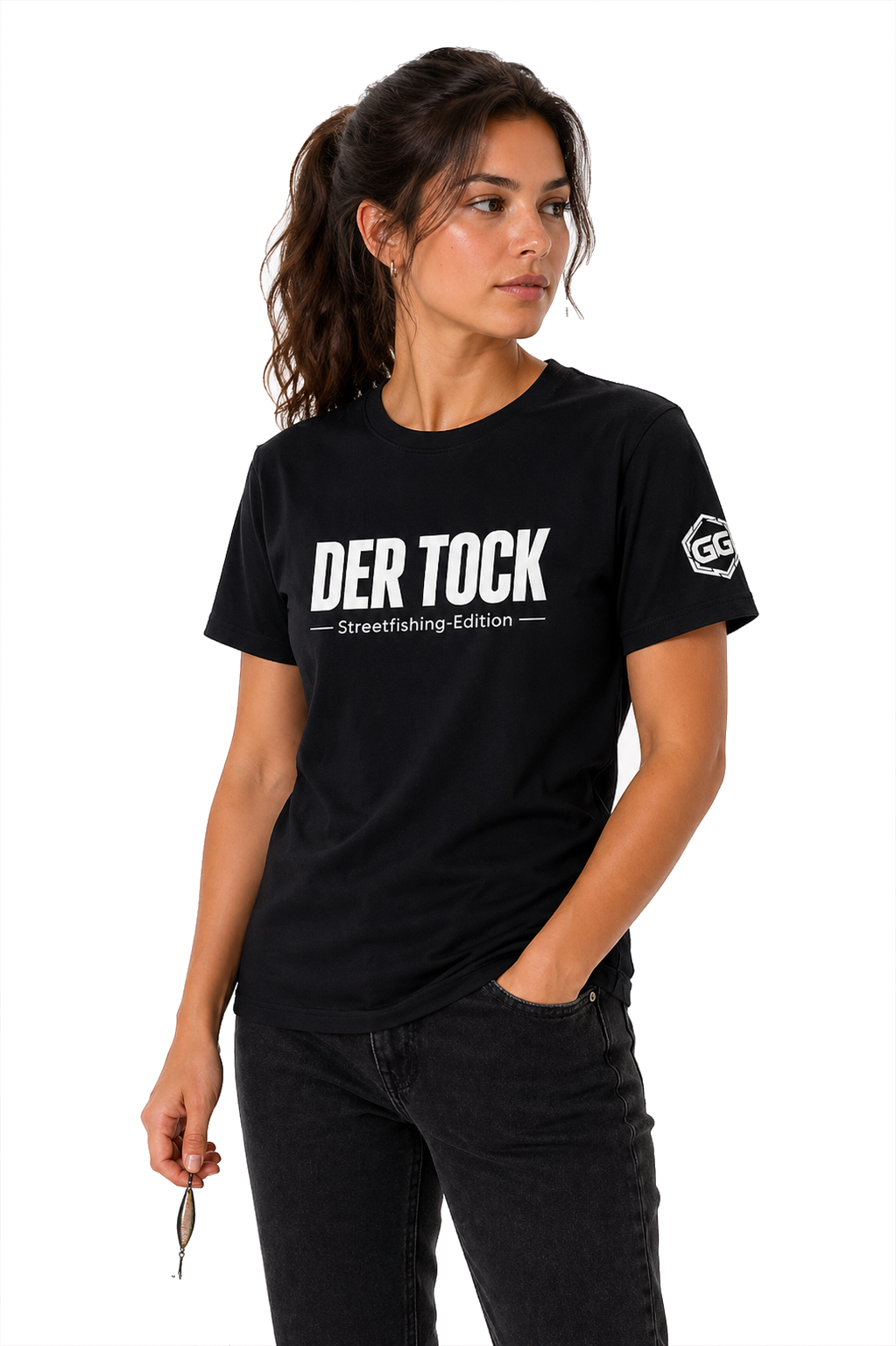 model:1:f | The Bite – Streetfishing T-Shirt – Model photo in Black – Woman