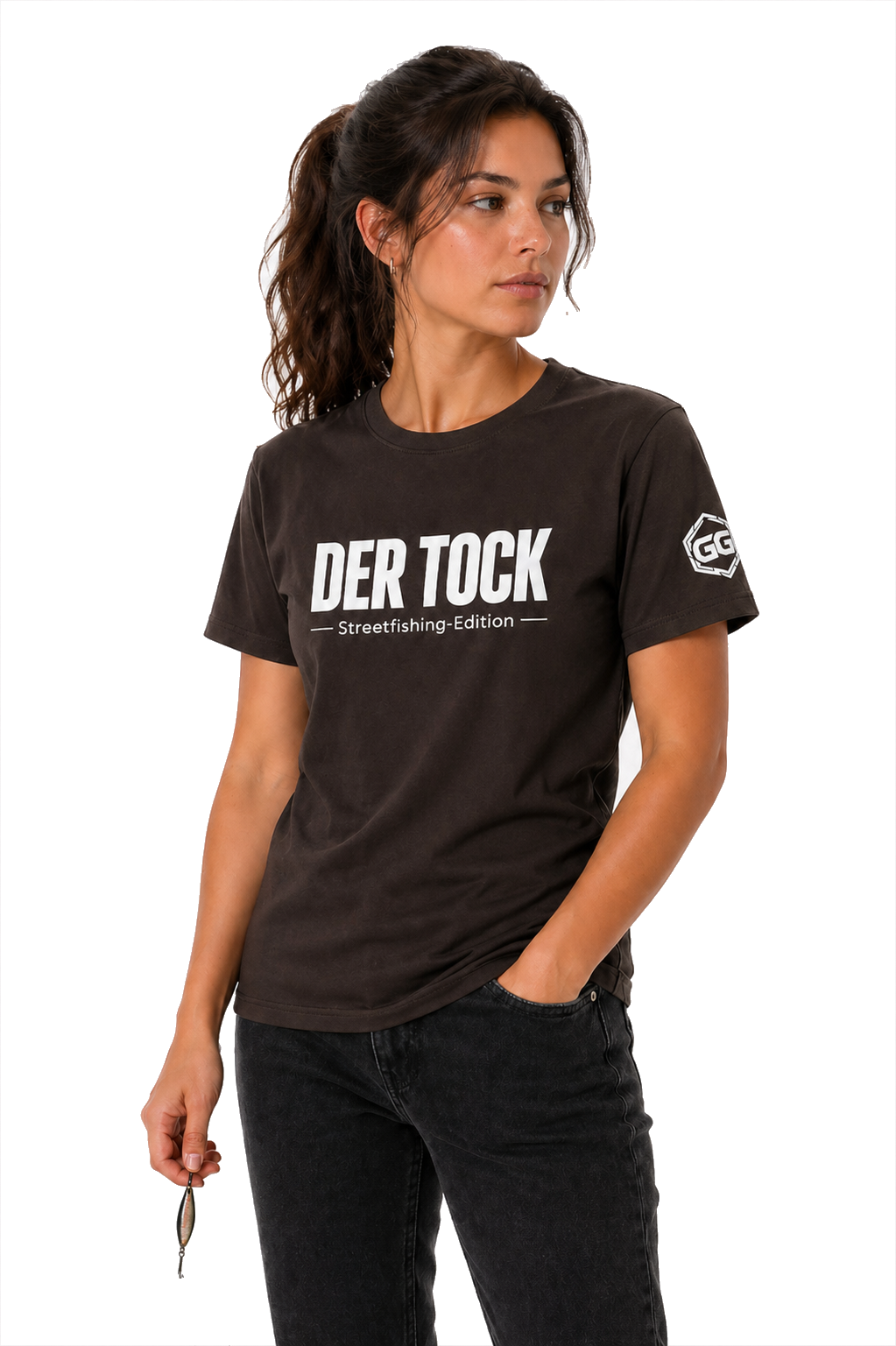 model:3:f | The Bite – Streetfishing T-Shirt – Model photo in Dark Chocolate – Woman
