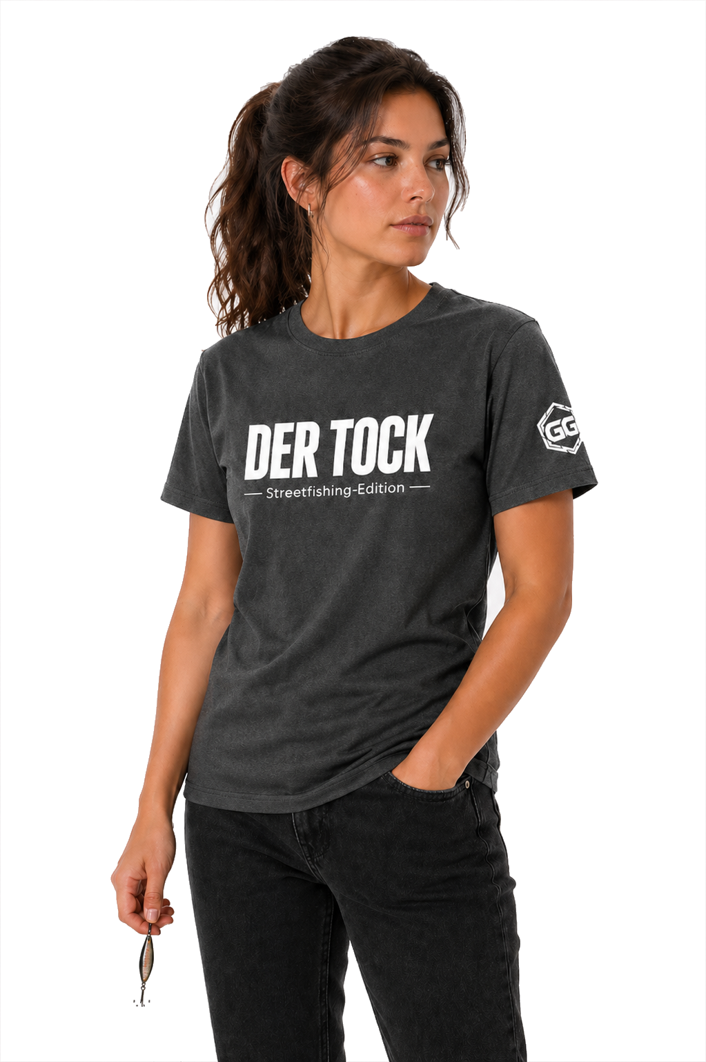 model:6:f | The Bite – Streetfishing T-Shirt – Model photo in Dark Heather – Woman