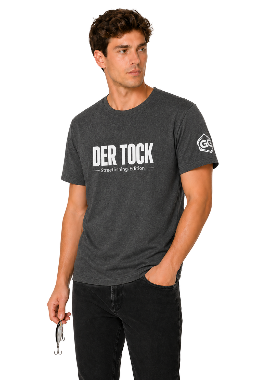model:6:m | The Bite – Streetfishing T-Shirt – Model photo in Dark Heather – Man
