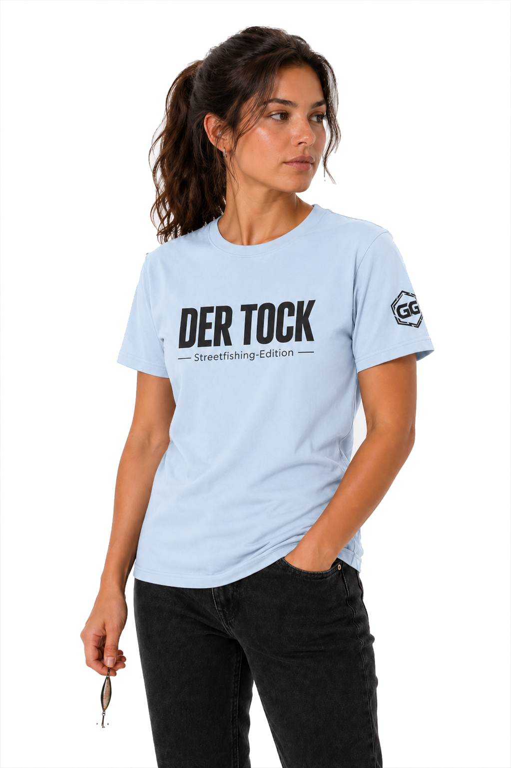 model:7:f | The Bite – Streetfishing T-Shirt – Model photo in Light Blue – Woman