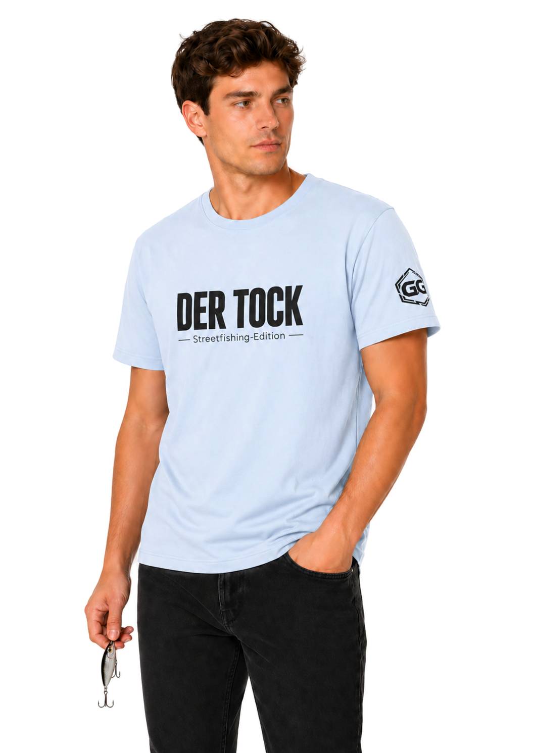 model:7:m | The Bite – Streetfishing T-Shirt – Model photo in Light Blue – Man