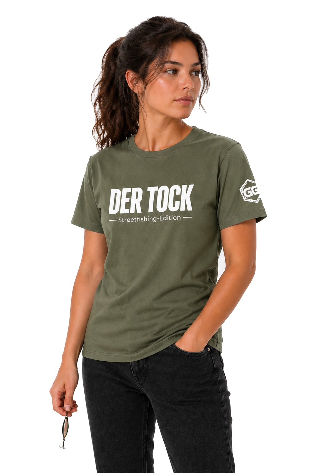 model:5:f | The Bite – Streetfishing T-Shirt – Model photo in Military Green – Woman