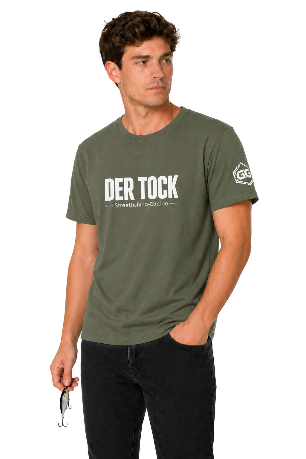 model:5:m | The Bite – Streetfishing T-Shirt – Model photo in Military Green – Man