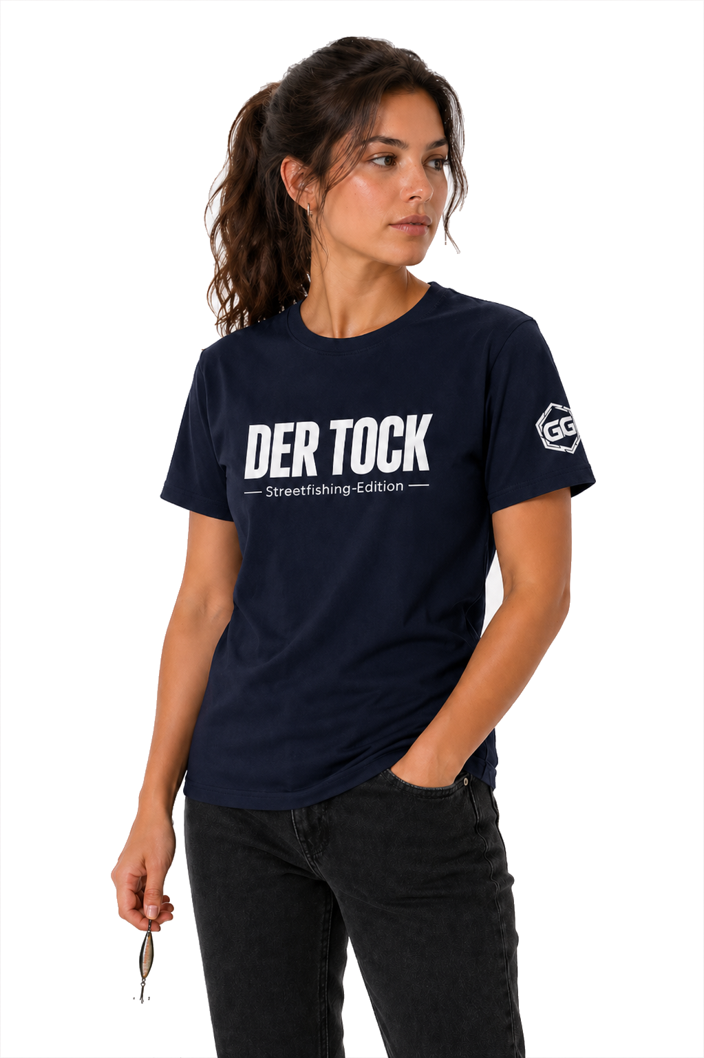 model:9:f | The Bite – Streetfishing T-Shirt – Model photo in Navy – Woman