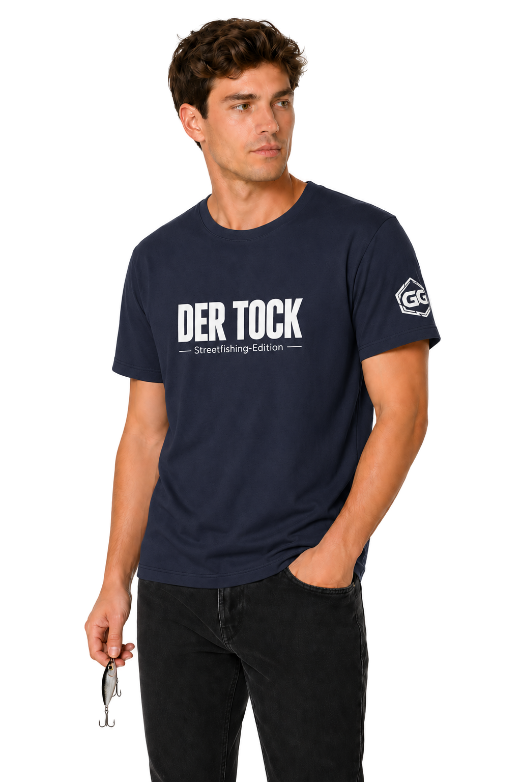 model:9:m | The Bite – Streetfishing T-Shirt – Model photo in Navy – Man