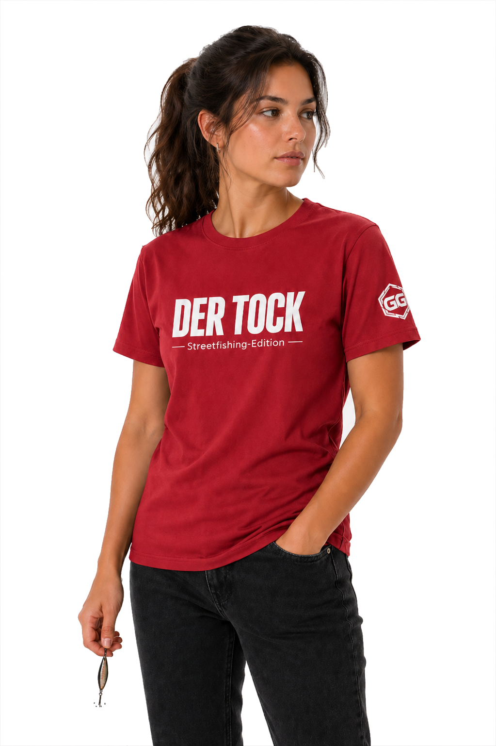 model:10:f | The Bite – Streetfishing T-Shirt – Model photo in Red – Woman