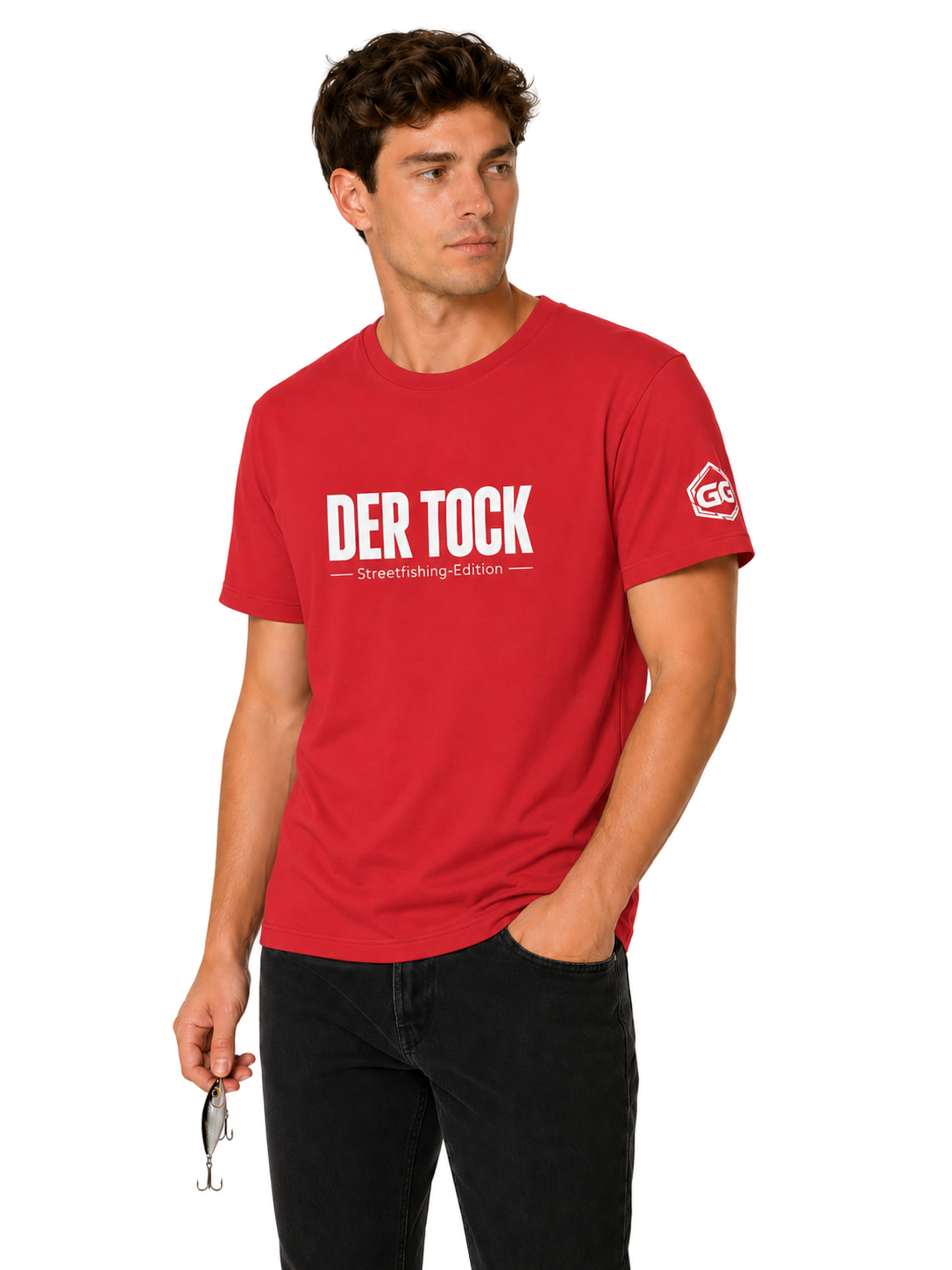 model:10:m | The Bite – Streetfishing T-Shirt – Model photo in Red – Man