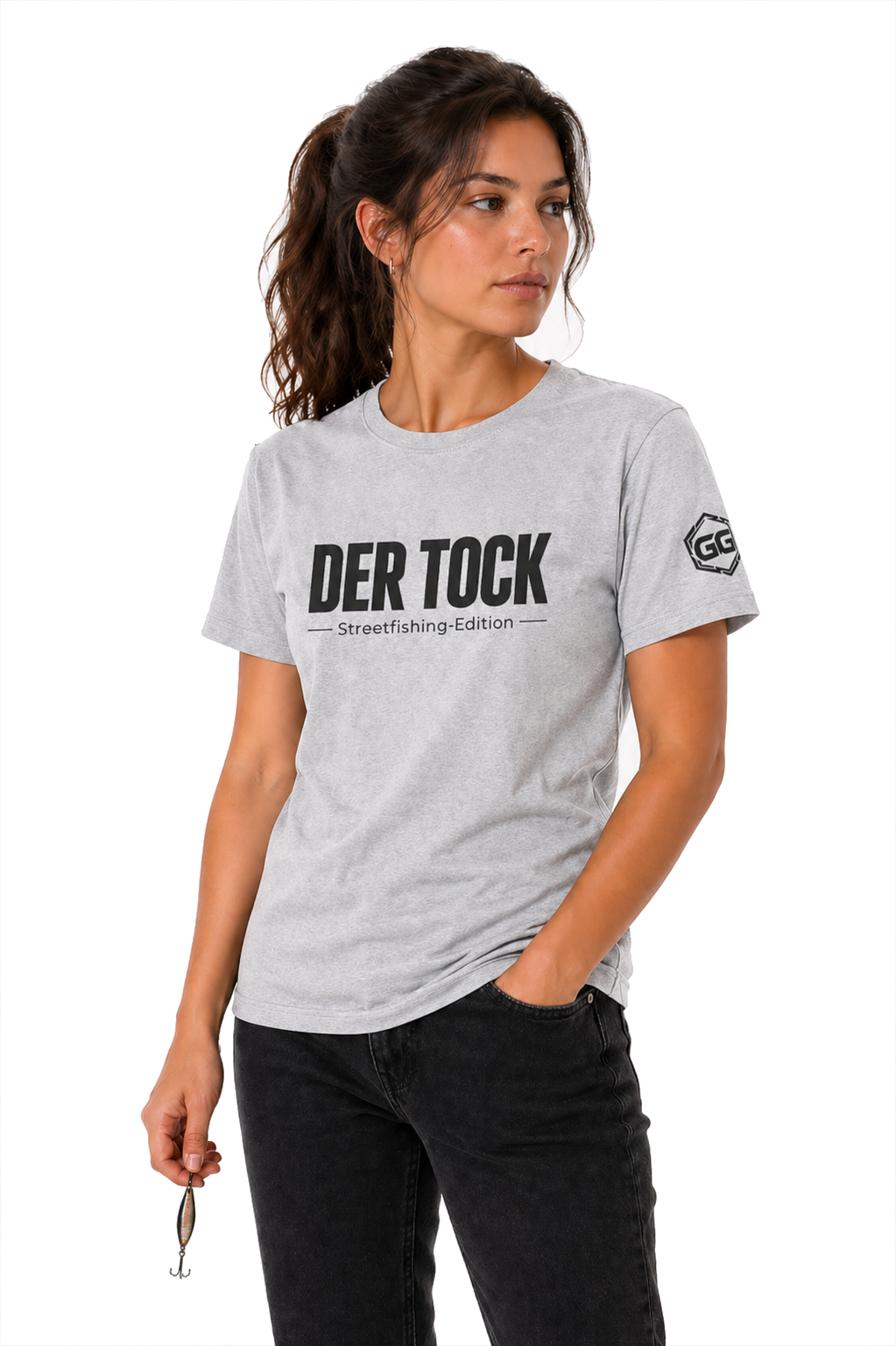 model:2:f | The Bite – Streetfishing T-Shirt – Model photo in Sport Grey – Woman