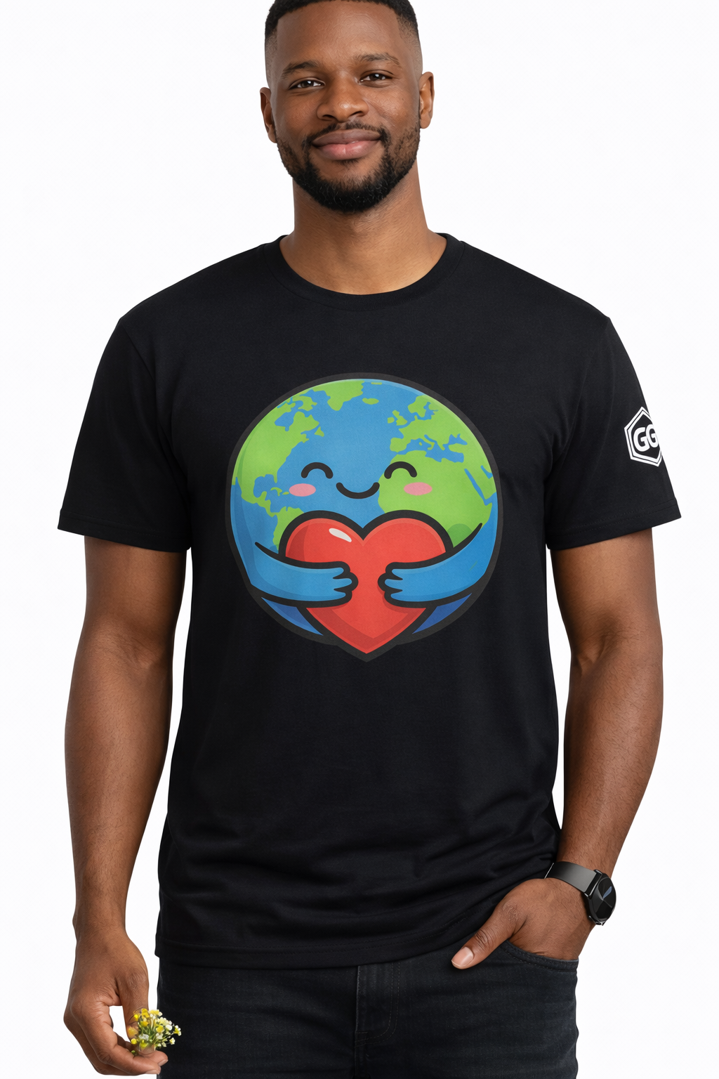 model:1:m | Erde Umarmt Herz – Unisex T-Shirt – Modelfoto in Schwarz – Mann