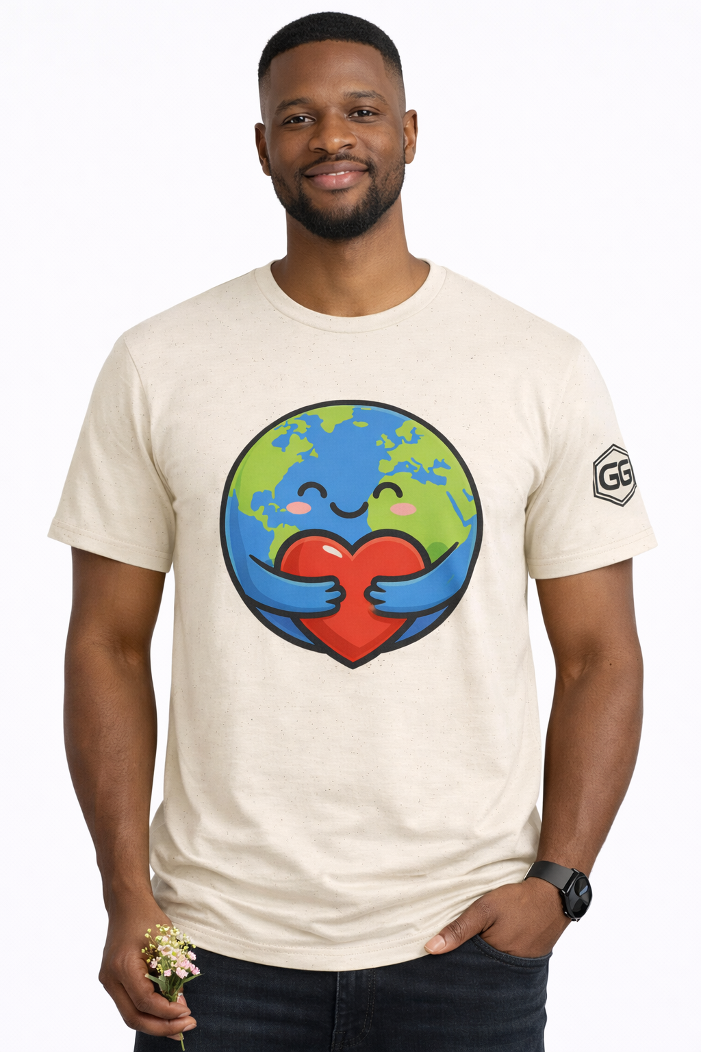model:4:m | Erde Umarmt Herz – Unisex T-Shirt – Modelfoto in Natur – Mann