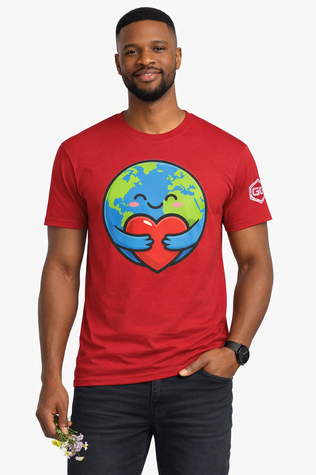 model:10:m | Erde Umarmt Herz – Unisex T-Shirt – Modelfoto in Rot – Mann