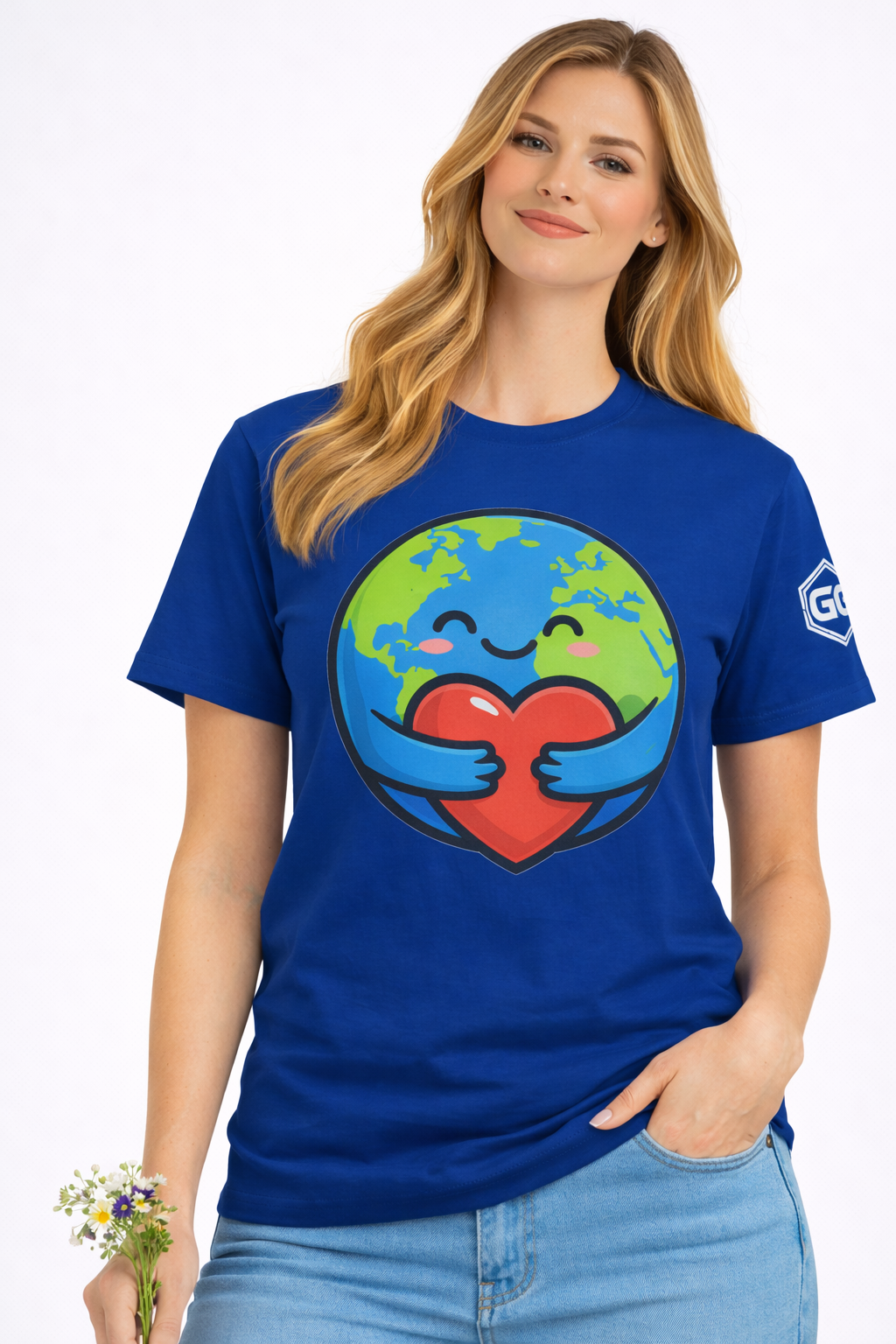model:8:m | Erde Umarmt Herz – Unisex T-Shirt – Modelfoto in Royalblau – Mann