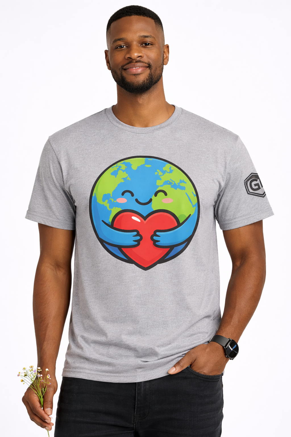 model:2:m | Erde Umarmt Herz – Unisex T-Shirt – Modelfoto in Sportgrau – Mann