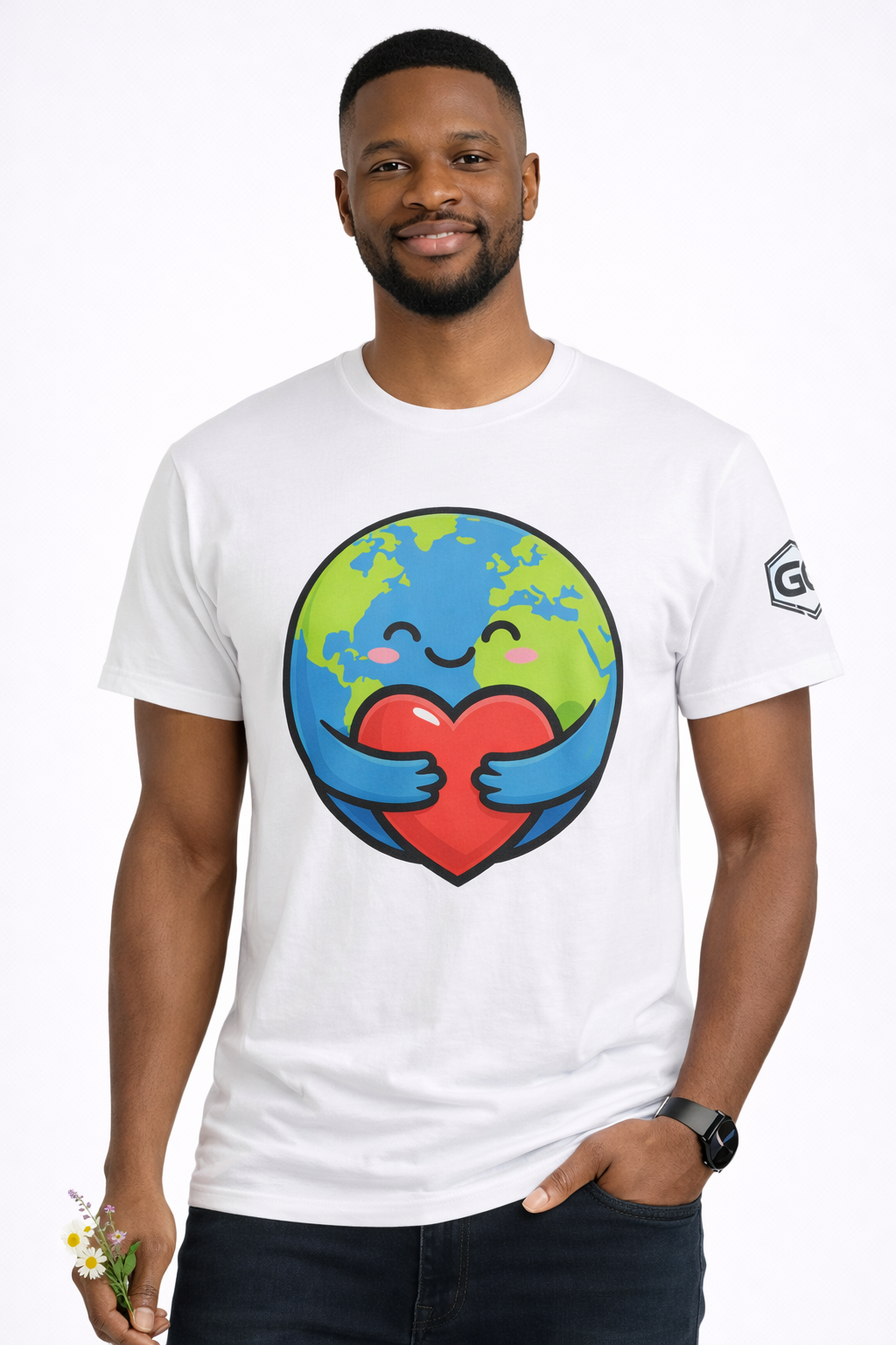 model:0:m | Erde Umarmt Herz – Unisex T-Shirt – Modelfoto in Weiß – Mann