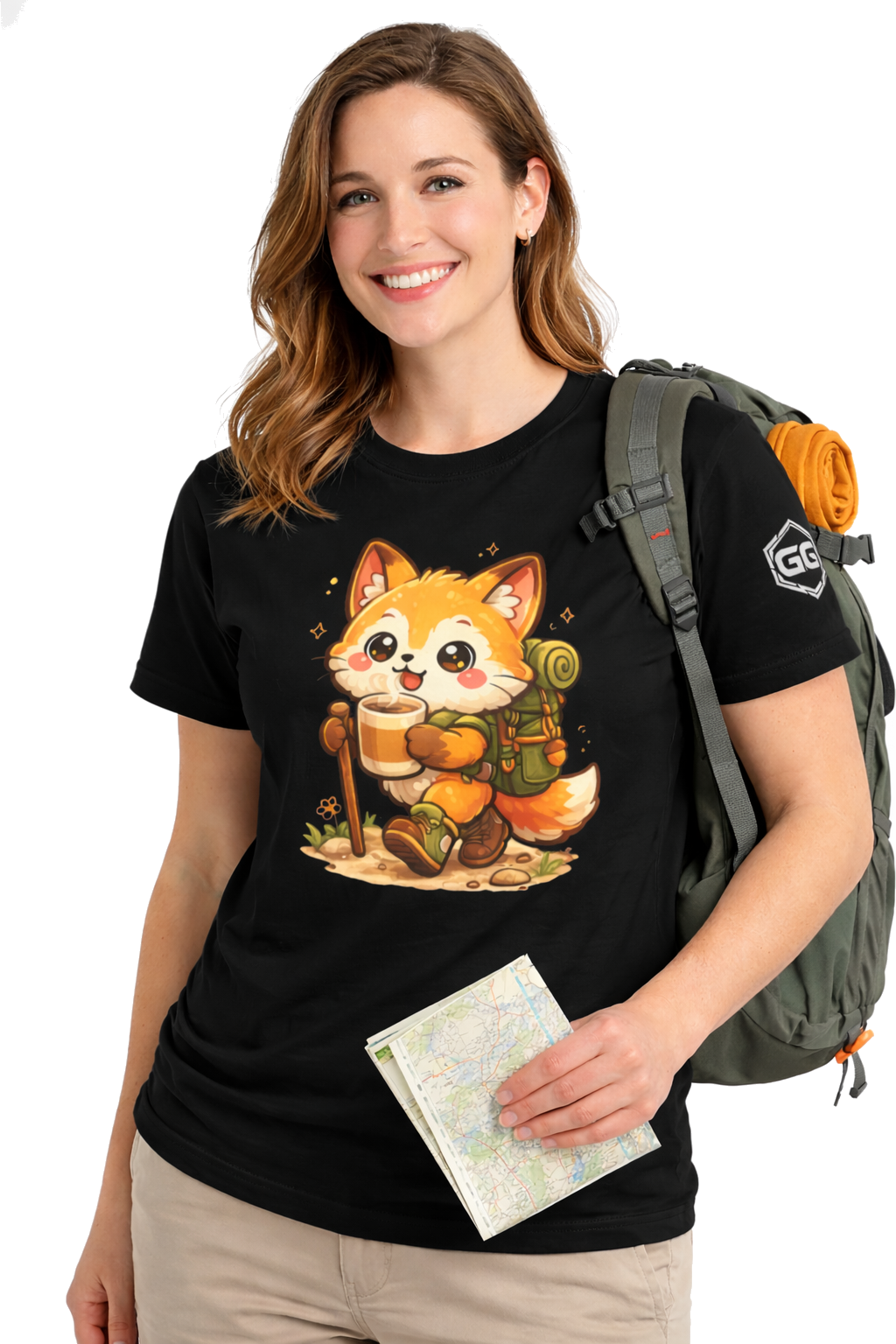 model:1:f | Fuchs Wandern – Abenteuer T-Shirt – Modelfoto in Schwarz – Frau