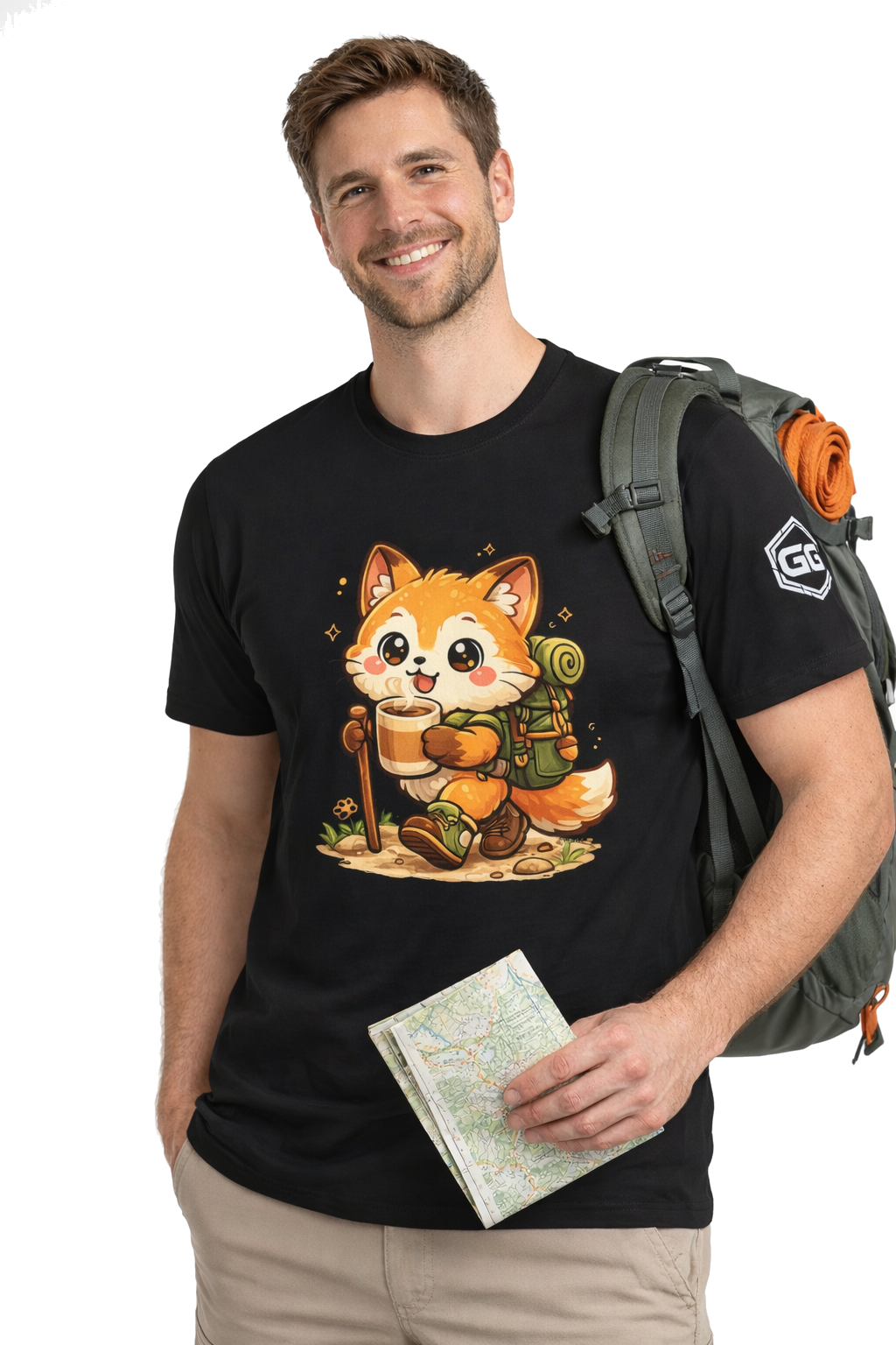 model:1:m | Fuchs Wandern – Abenteuer T-Shirt – Modelfoto in Schwarz – Mann