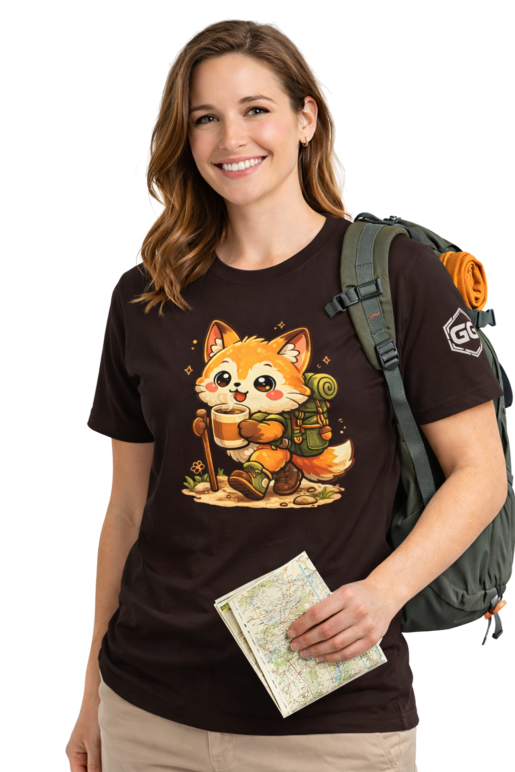 model:3:f | Fuchs Wandern – Abenteuer T-Shirt – Modelfoto in Dunkelbraun – Frau