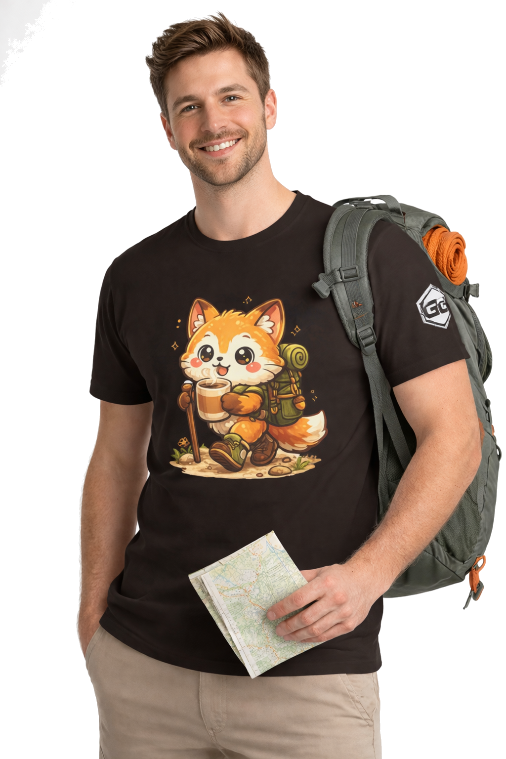 model:3:m | Fuchs Wandern – Abenteuer T-Shirt – Modelfoto in Dunkelbraun – Mann