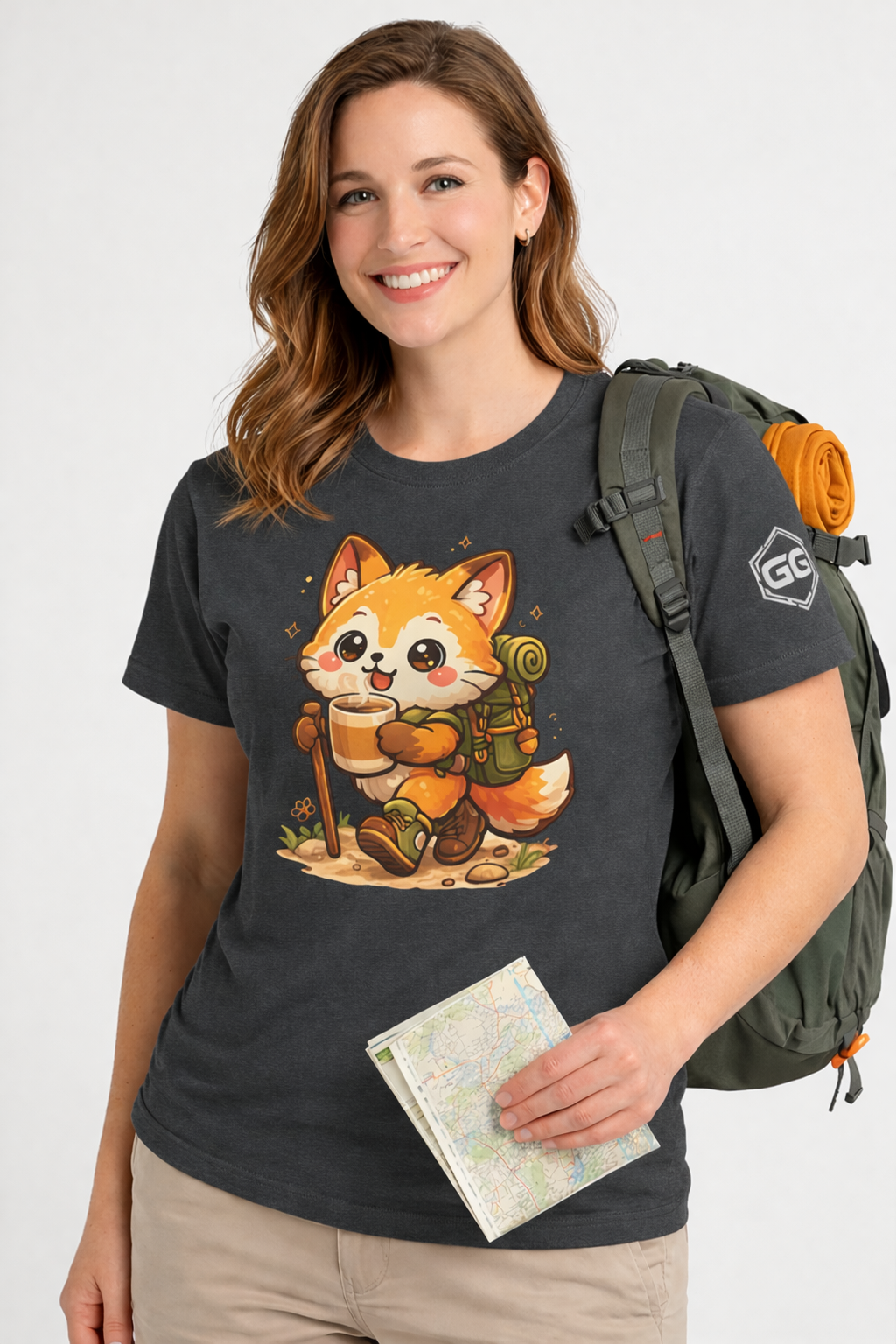 model:6:f | Fuchs Wandern – Abenteuer T-Shirt – Modelfoto in Dunkelmeliert – Frau