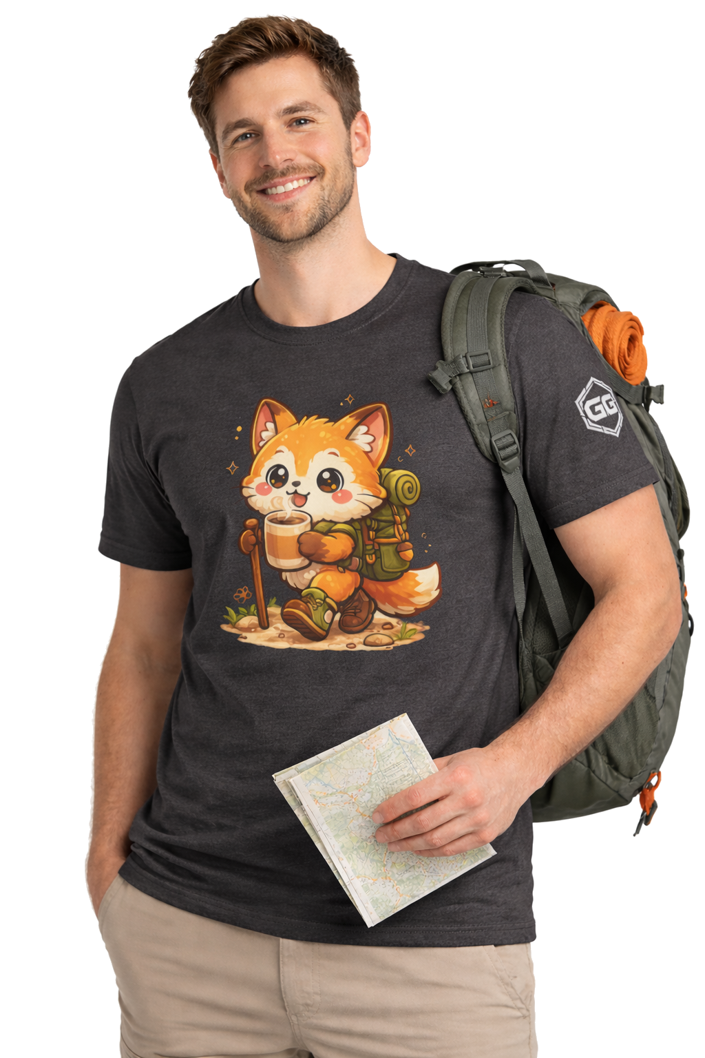 model:6:m | Fuchs Wandern – Abenteuer T-Shirt – Modelfoto in Dunkelmeliert – Mann