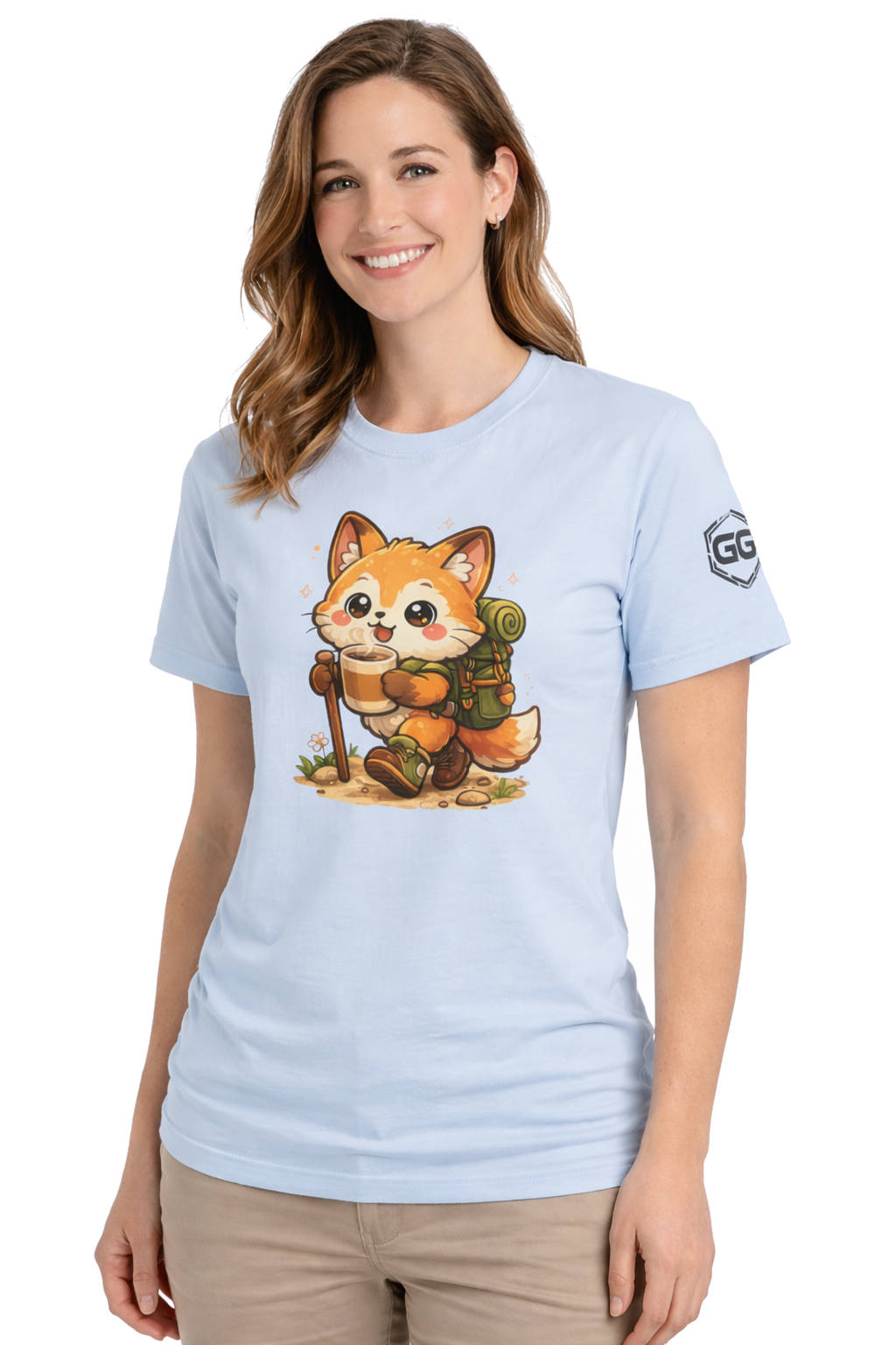 model:7:f | Fuchs Wandern – Abenteuer T-Shirt – Modelfoto in Hellblau – Frau