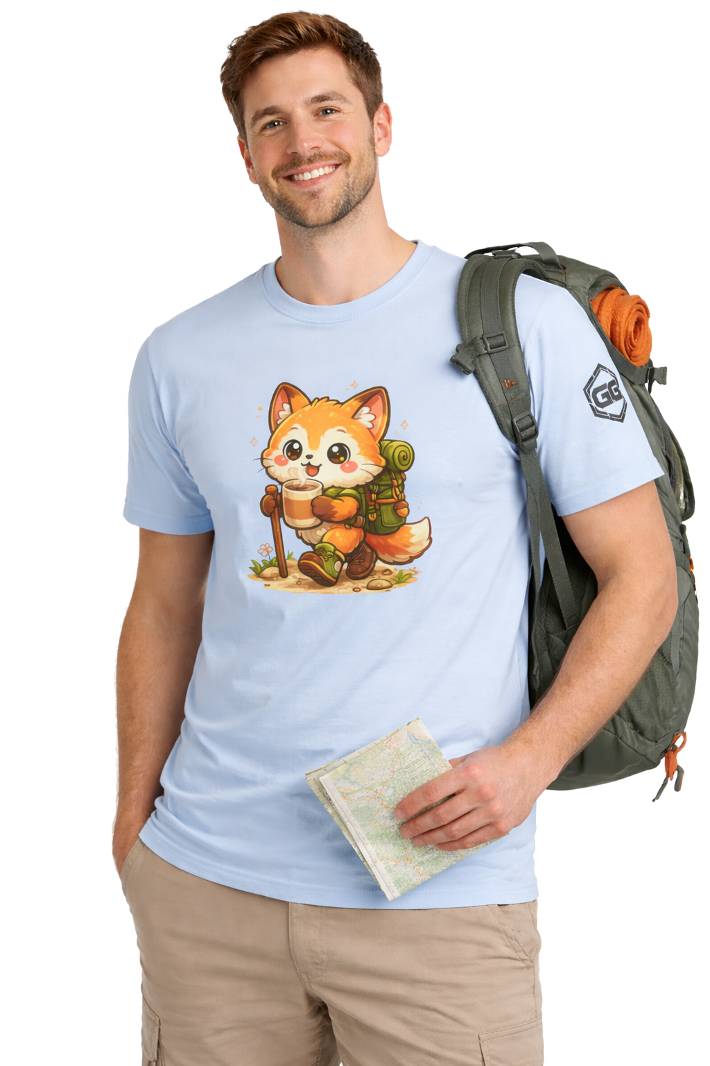 model:7:m | Fuchs Wandern – Abenteuer T-Shirt – Modelfoto in Hellblau – Mann