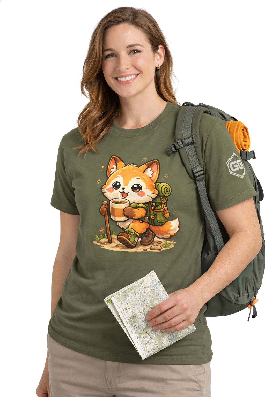 model:5:f | Fuchs Wandern – Abenteuer T-Shirt – Modelfoto in Militärgrün – Frau