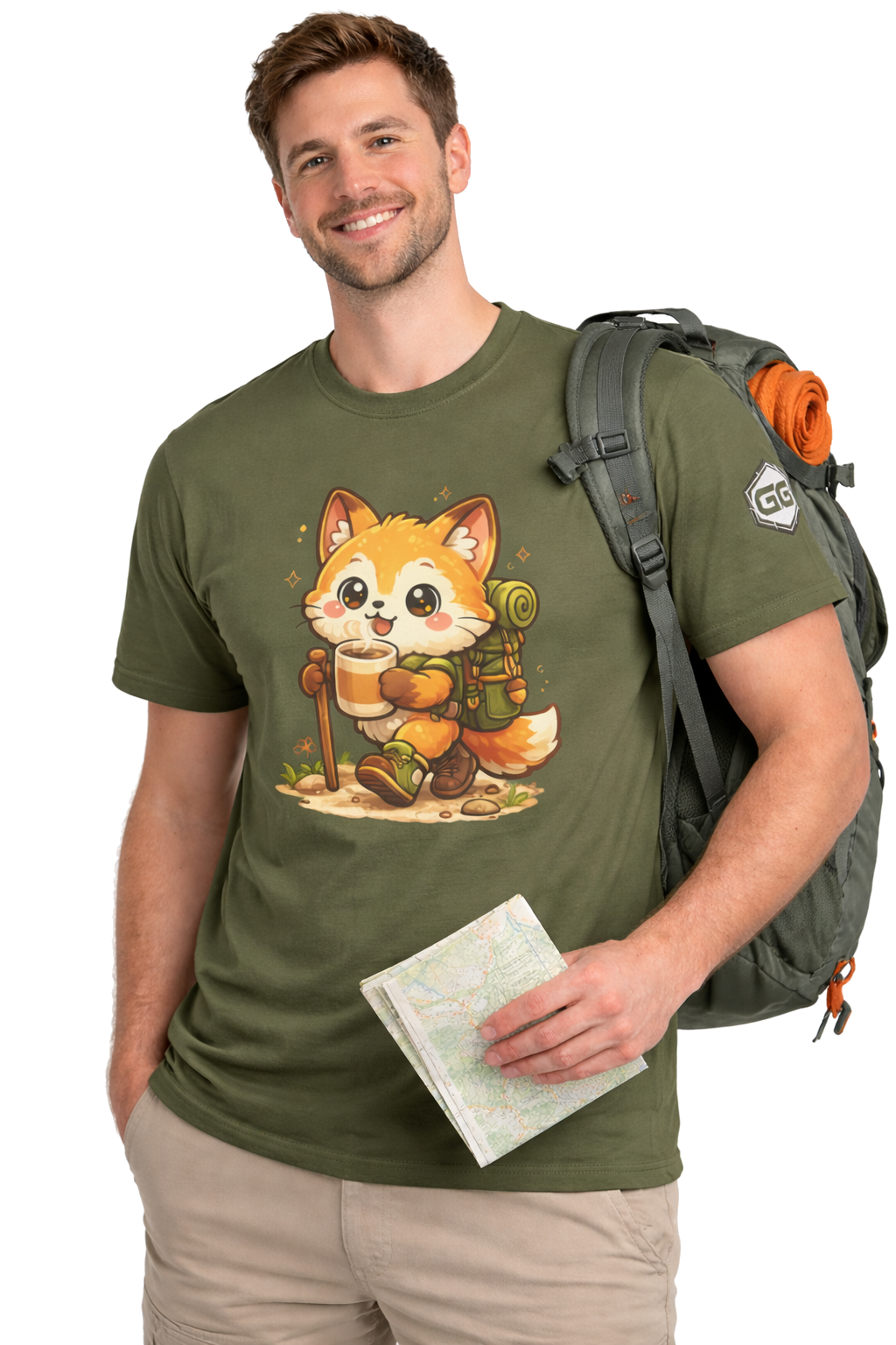 model:5:m | Fuchs Wandern – Abenteuer T-Shirt – Modelfoto in Militärgrün – Mann