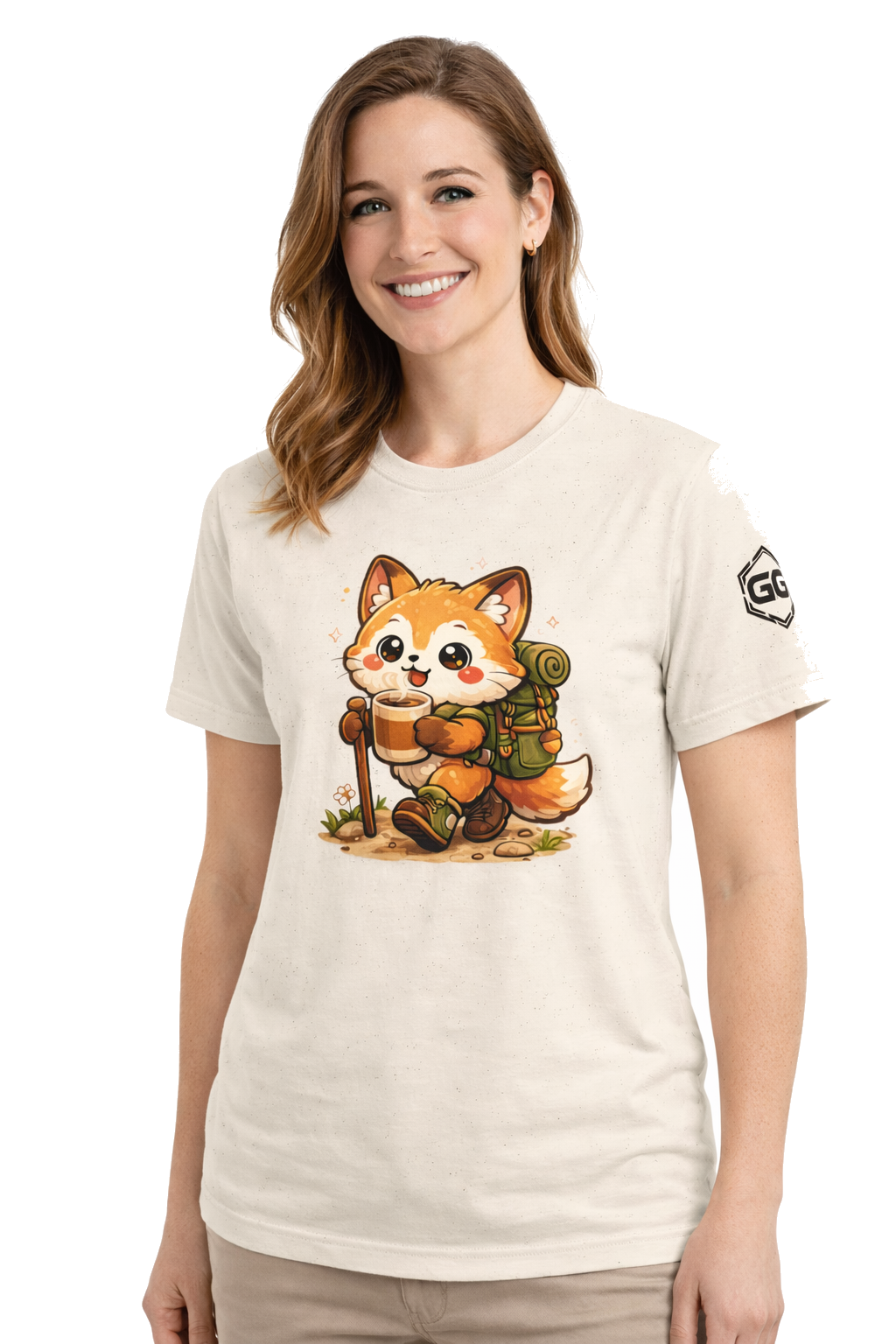 model:4:f | Fuchs Wandern – Abenteuer T-Shirt – Modelfoto in Natur – Frau