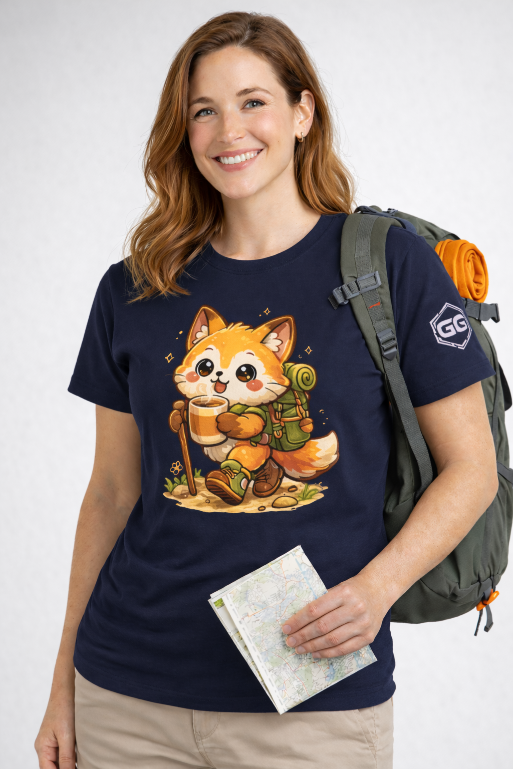 model:9:f | Fuchs Wandern – Abenteuer T-Shirt – Modelfoto in Navy – Frau