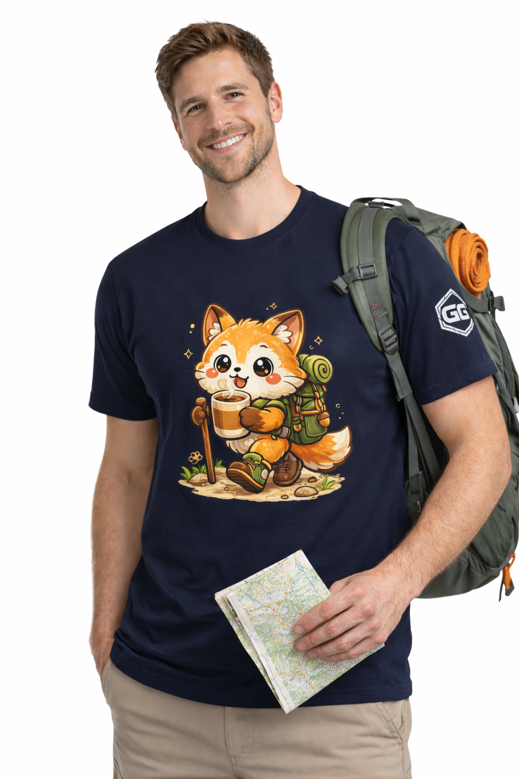 model:9:m | Fuchs Wandern – Abenteuer T-Shirt – Modelfoto in Navy – Mann
