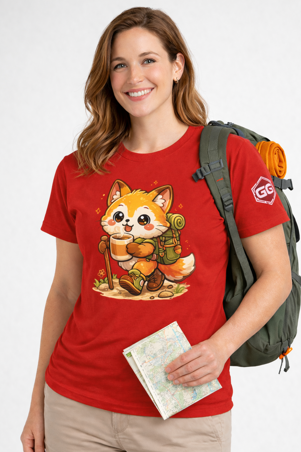model:10:f | Fuchs Wandern – Abenteuer T-Shirt – Modelfoto in Rot – Frau