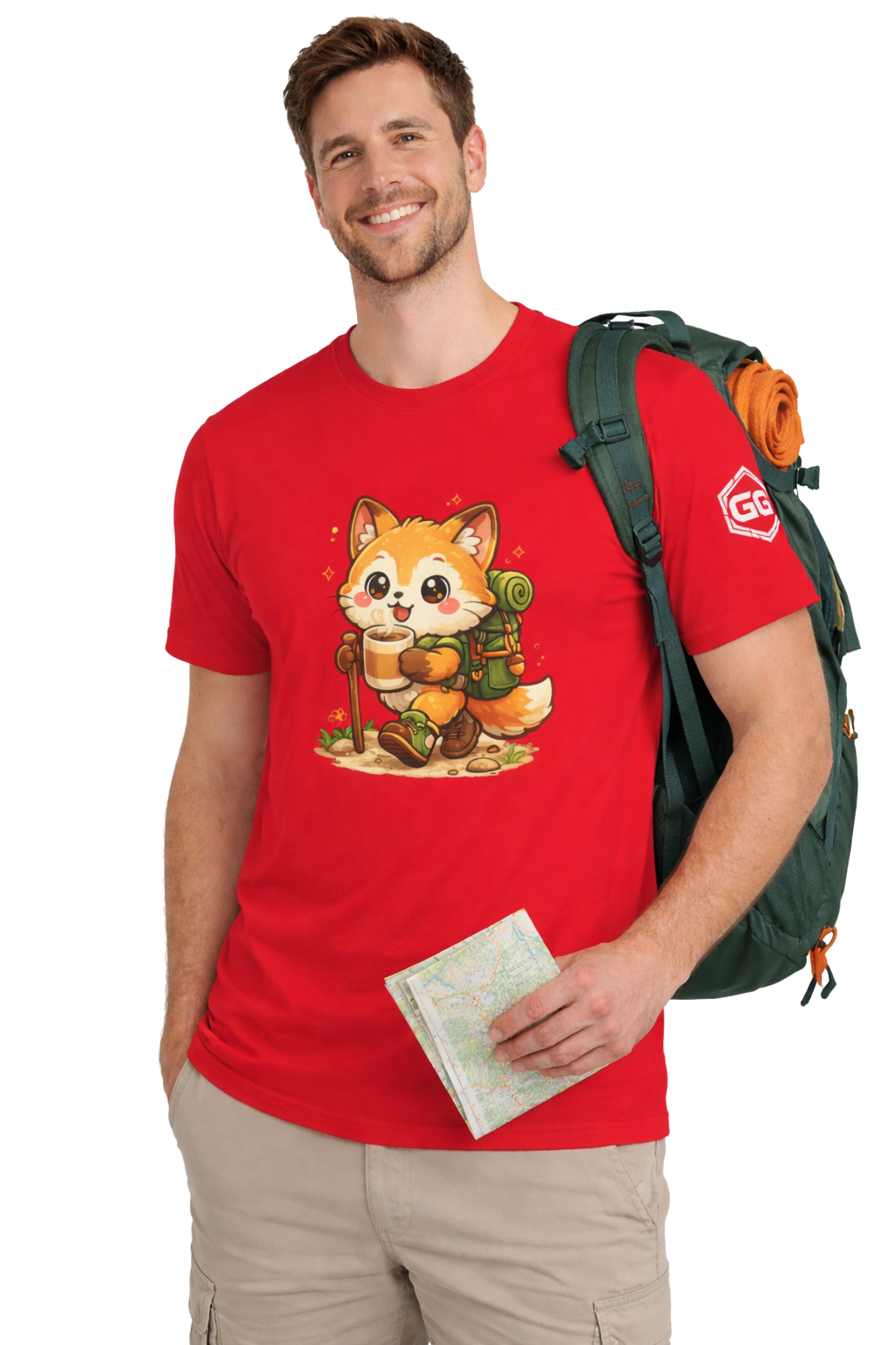 model:10:m | Fuchs Wandern – Abenteuer T-Shirt – Modelfoto in Rot – Mann