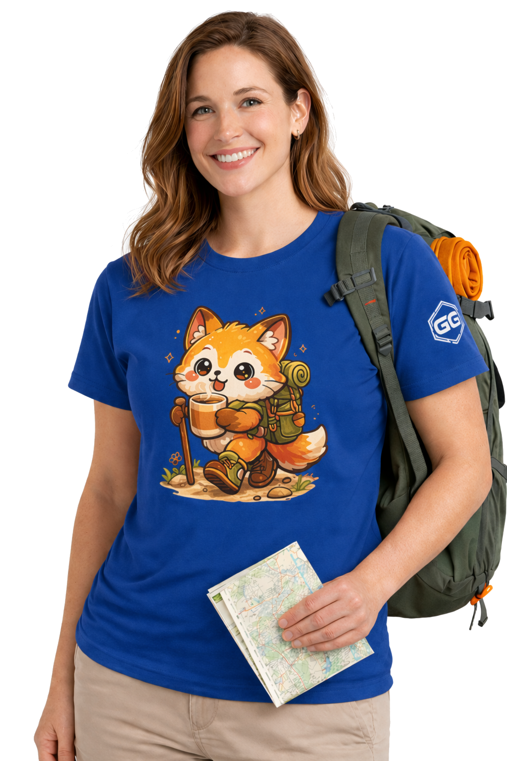 model:8:f | Fuchs Wandern – Abenteuer T-Shirt – Modelfoto in Royalblau – Frau