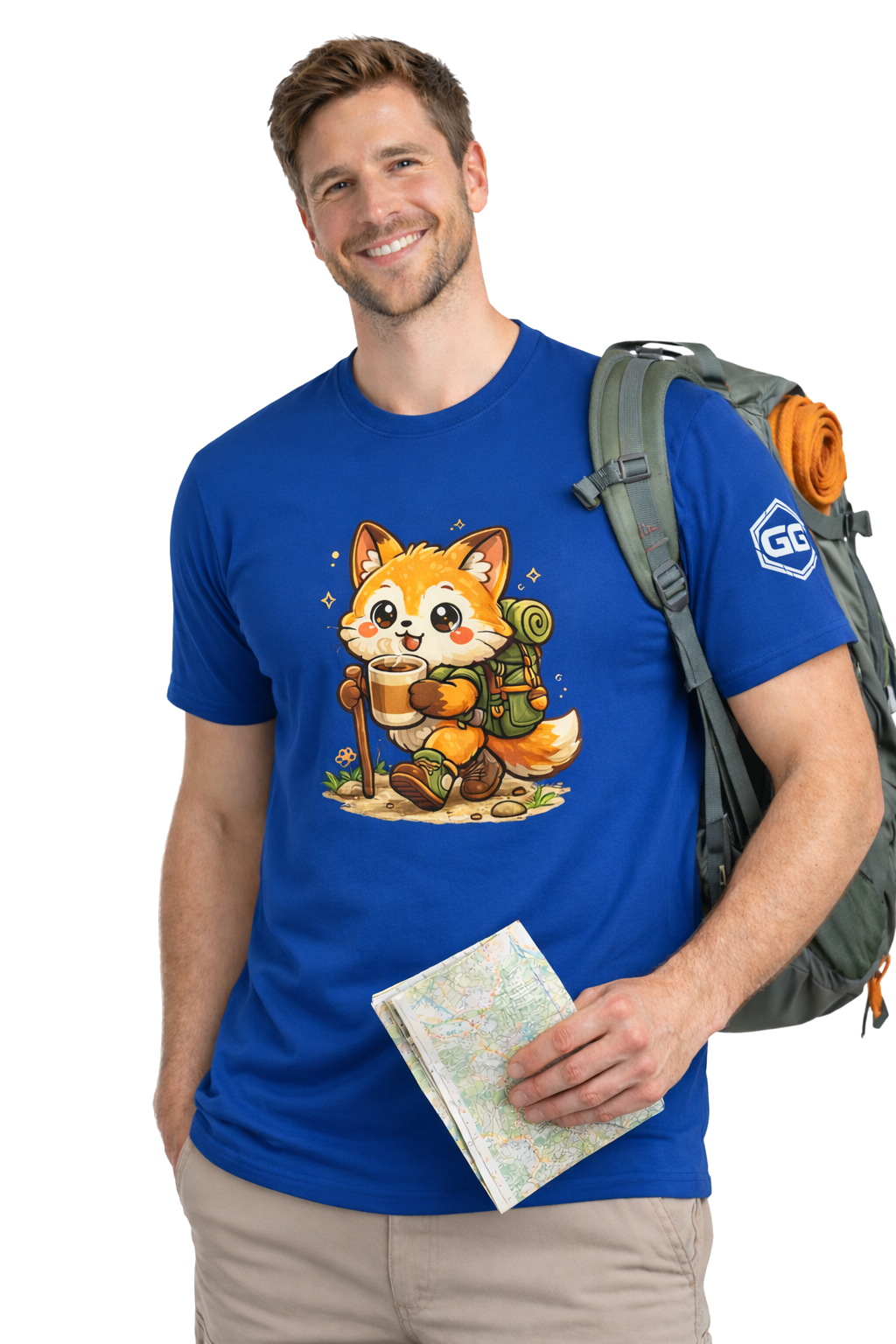model:8:m | Fuchs Wandern – Abenteuer T-Shirt – Modelfoto in Royalblau – Mann