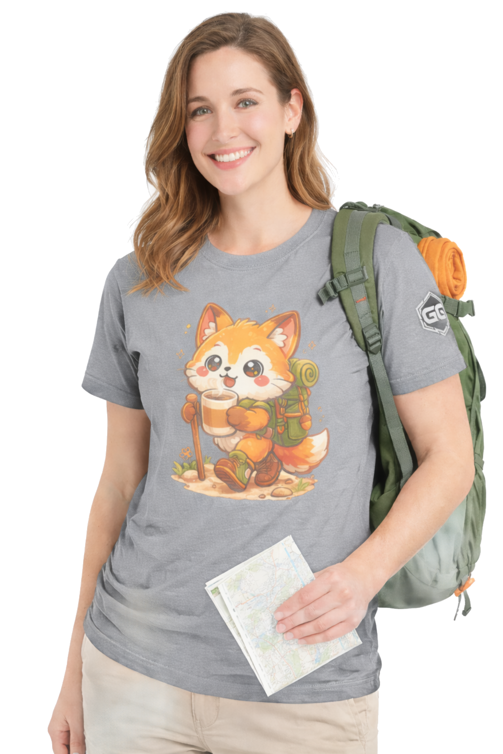 model:2:f | Fuchs Wandern – Abenteuer T-Shirt – Modelfoto in Sportgrau – Frau