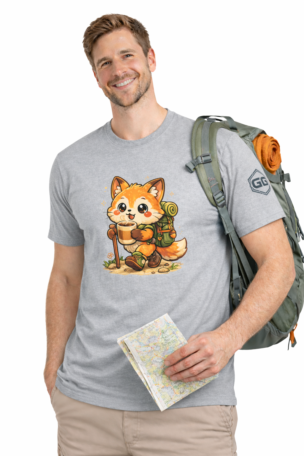 model:2:m | Fuchs Wandern – Abenteuer T-Shirt – Modelfoto in Sportgrau – Mann