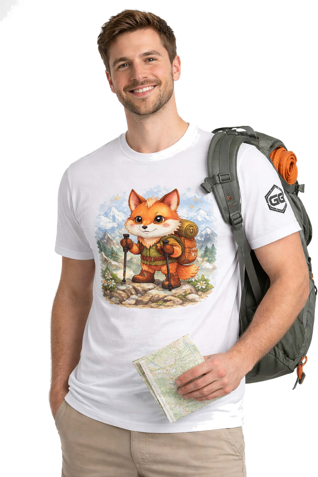 model:0:m | Fuchs Wandern – Abenteuer T-Shirt – Modelfoto in Weiß – Mann