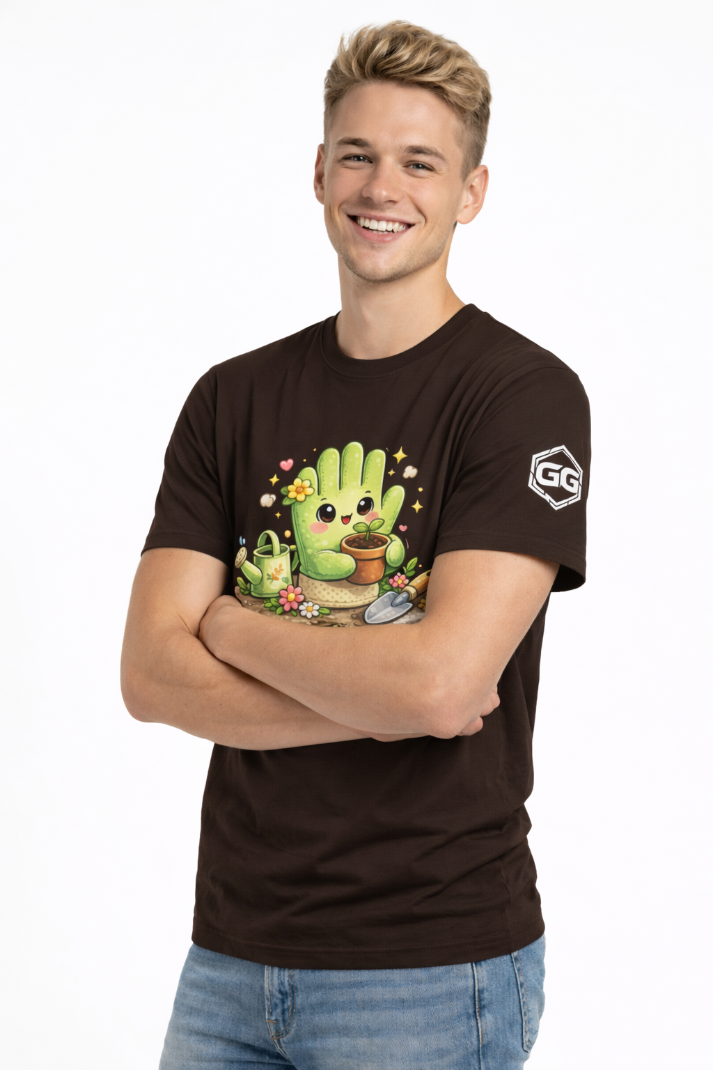model:3:m | Grüner Daumen T-Shirt – Modelfoto in Dunkelbraun – Mann